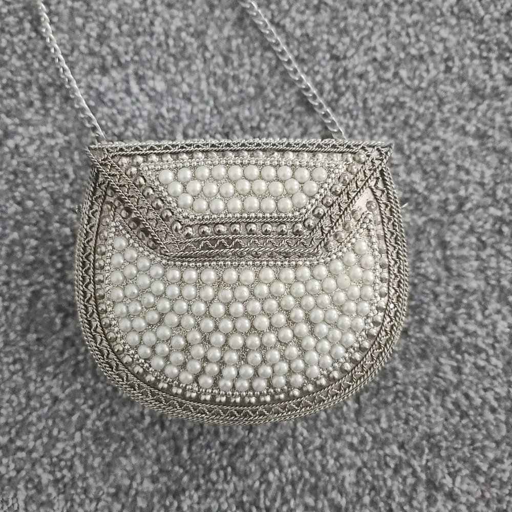 Chic Silver and White Beaded Mini Bag